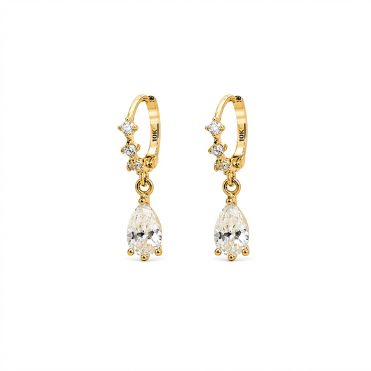 10K Yellow Gold Pear Cut Cubic Zirconia Huggie Hoop Drop Earrings