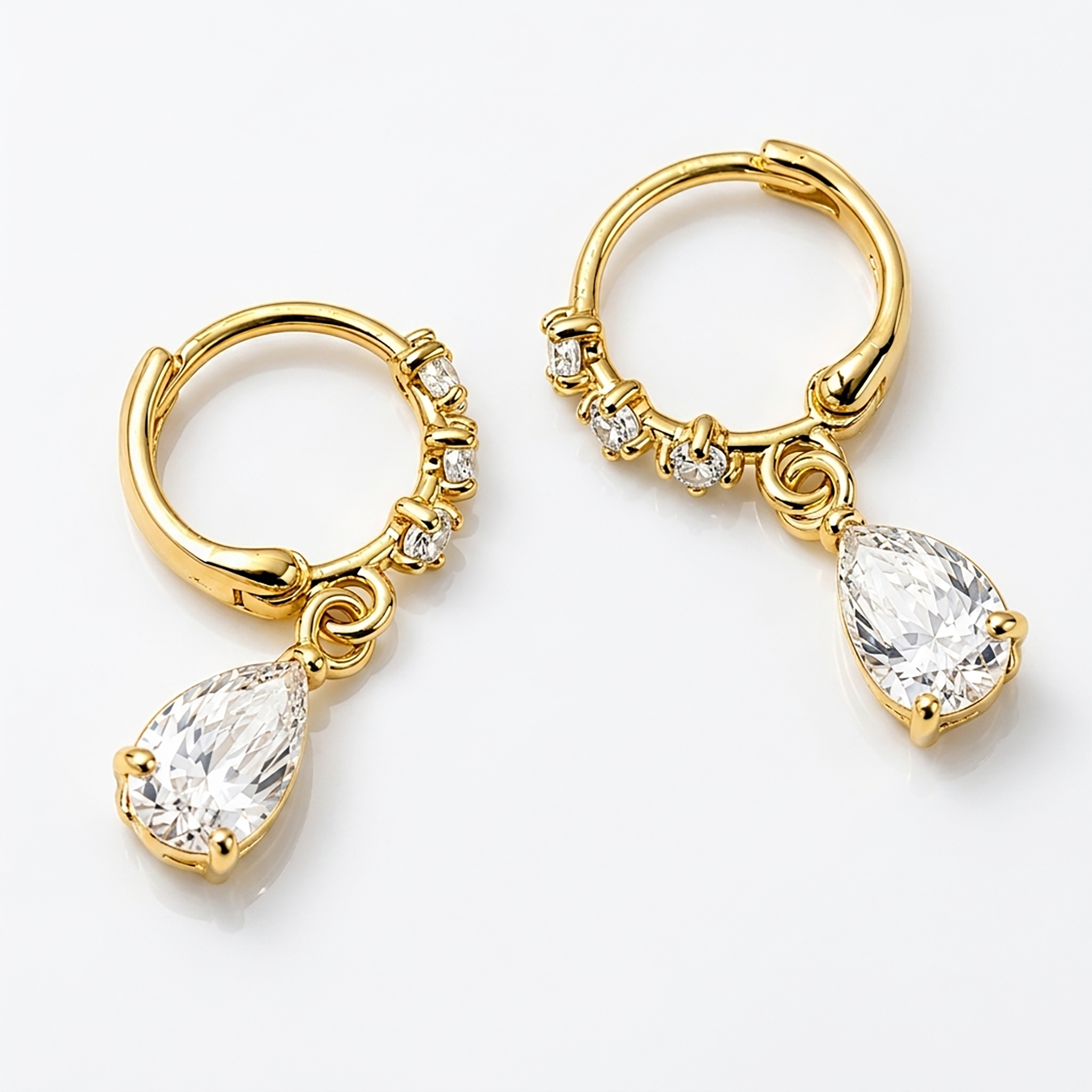 10K Yellow Gold Pear Cut Cubic Zirconia Huggie Hoop Drop Earrings