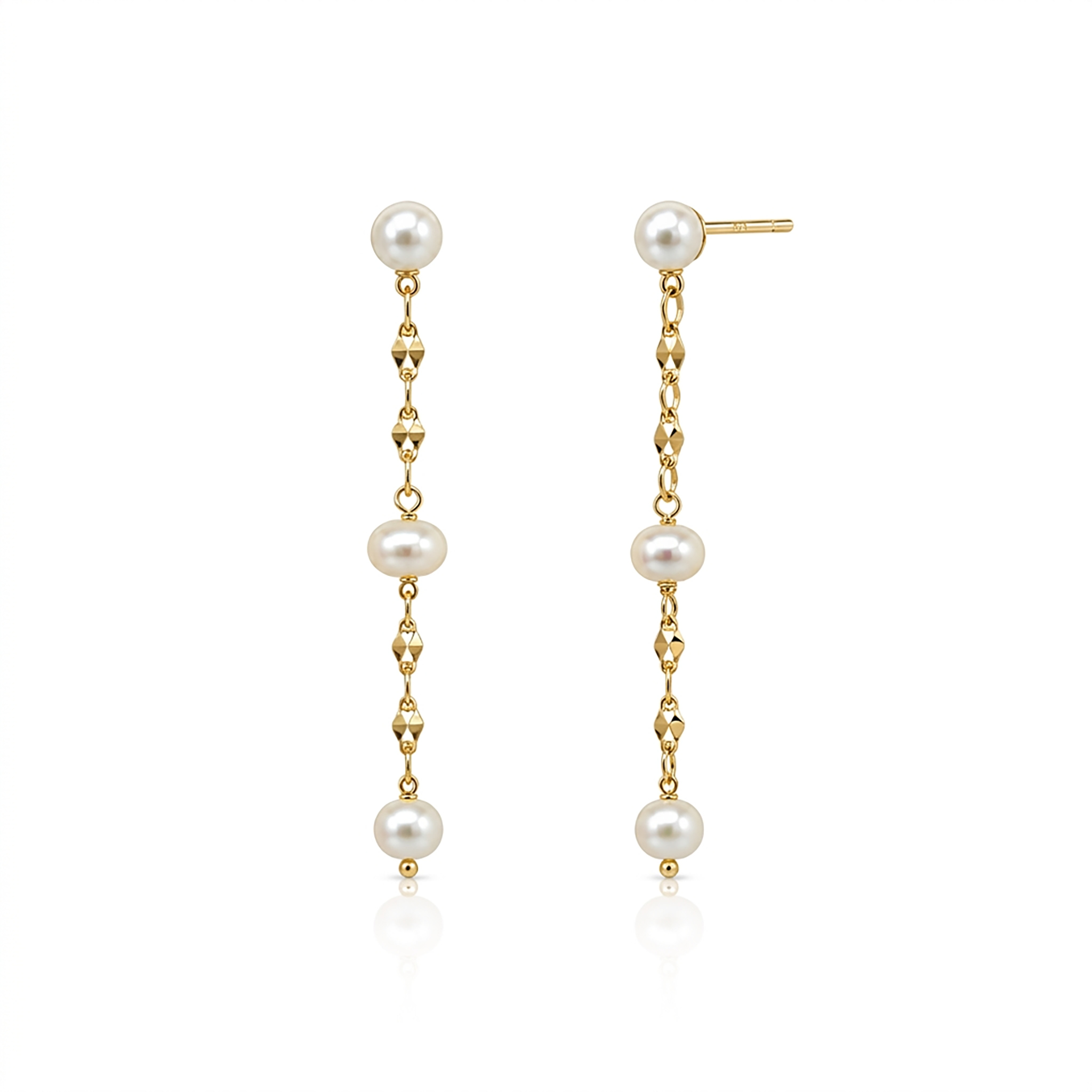 925 Sterling Silver Gold Vermeil Freshwater Pearl Chain Stud Earrings for Women