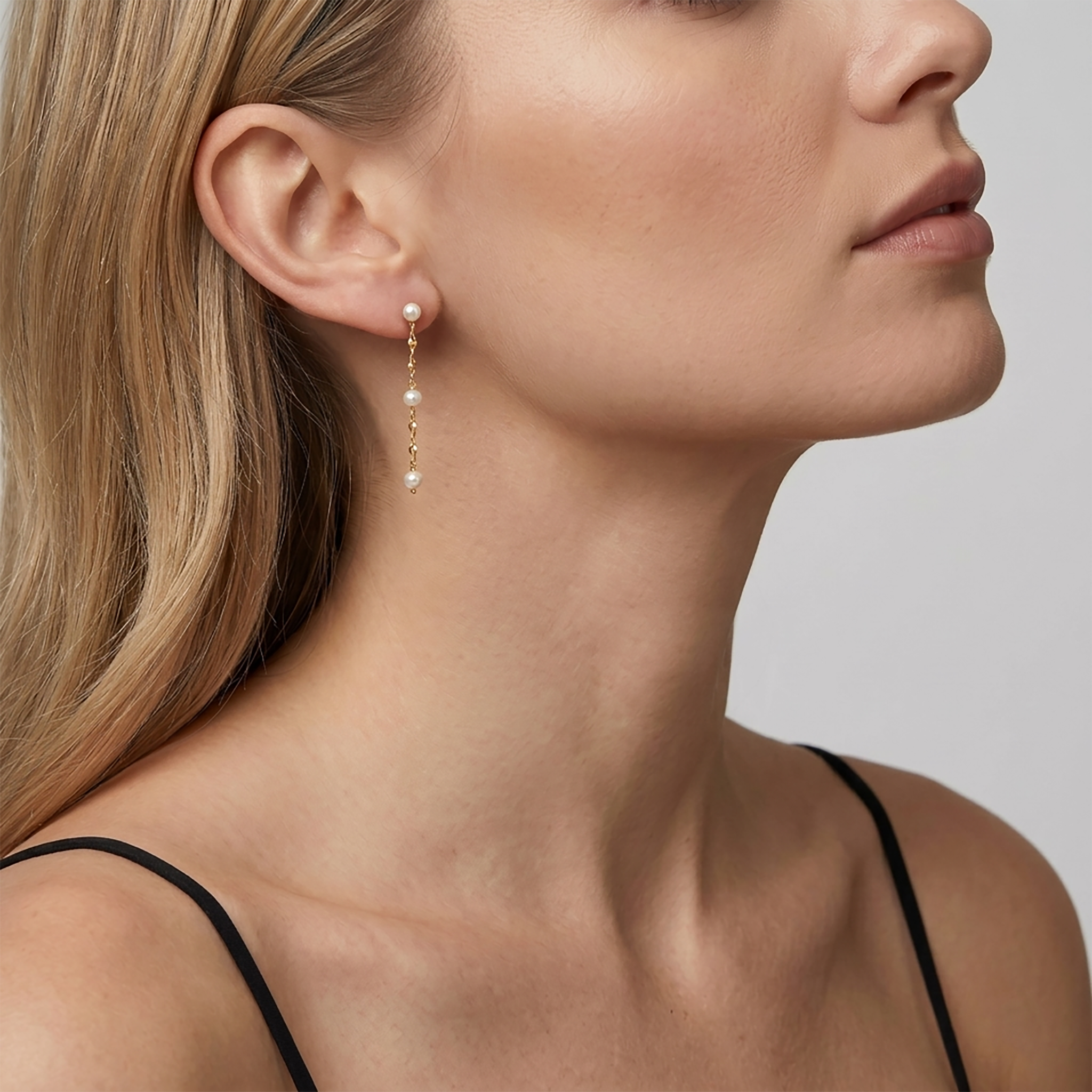 925 Sterling Silver Gold Vermeil Freshwater Pearl Chain Stud Earrings for Women