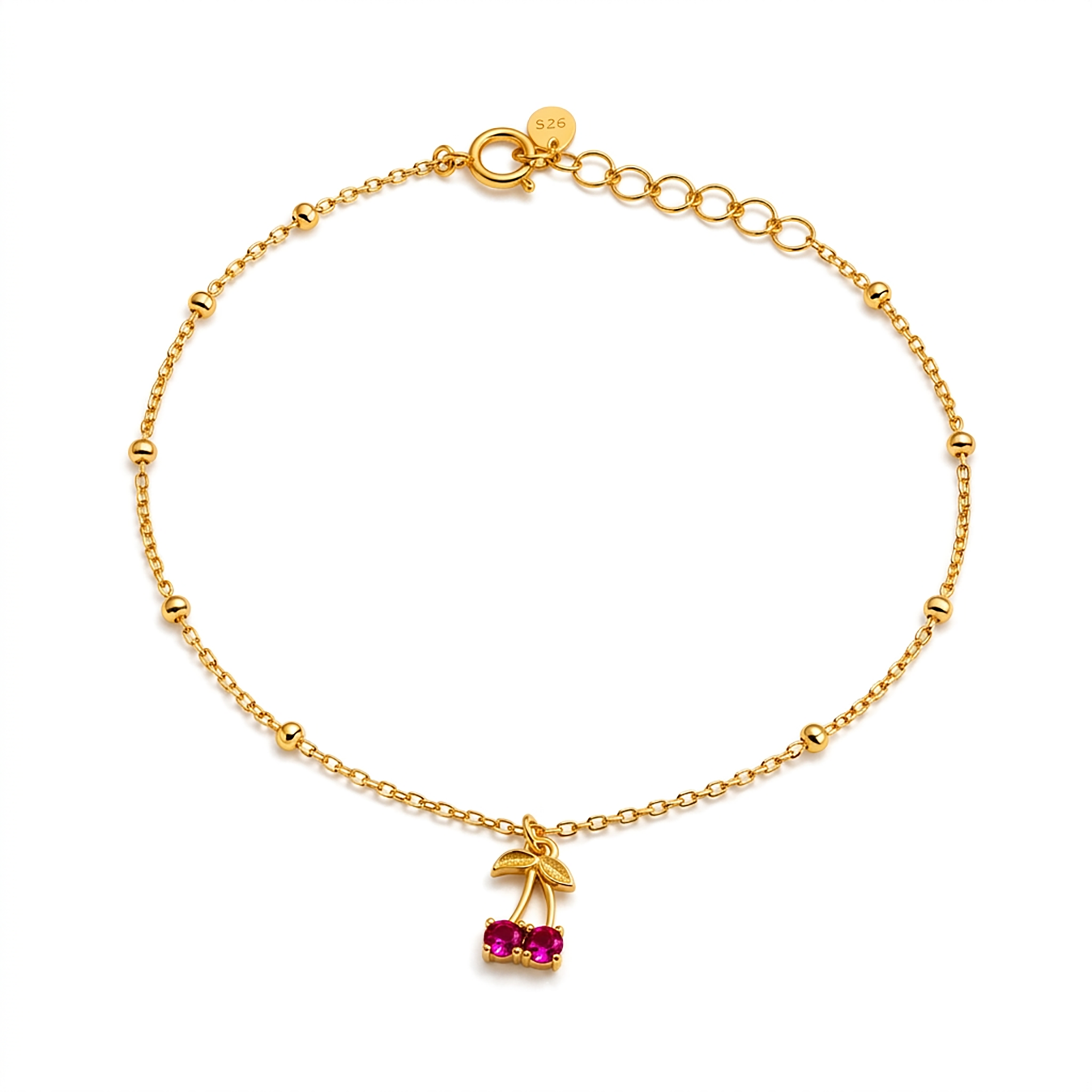 925 Sterling Silver Gold Vermeil Red Cubic Zirconia Cherry Charm Anklet for Women