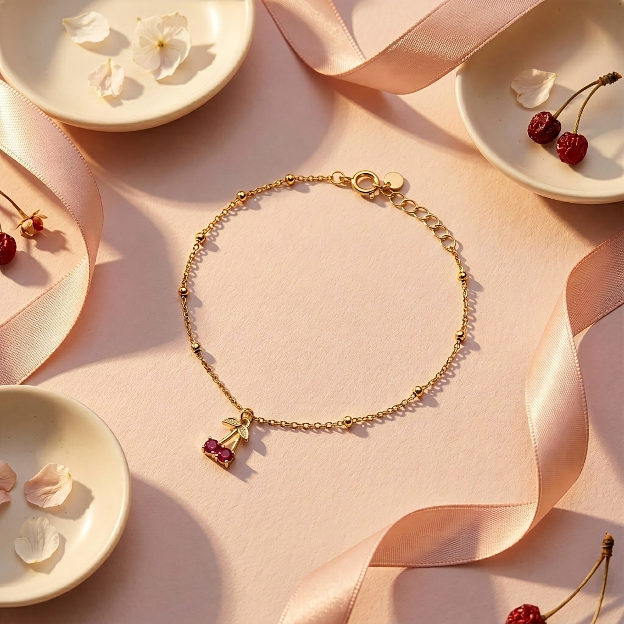 925 Sterling Silver Gold Vermeil Red Cubic Zirconia Cherry Charm Anklet for Women