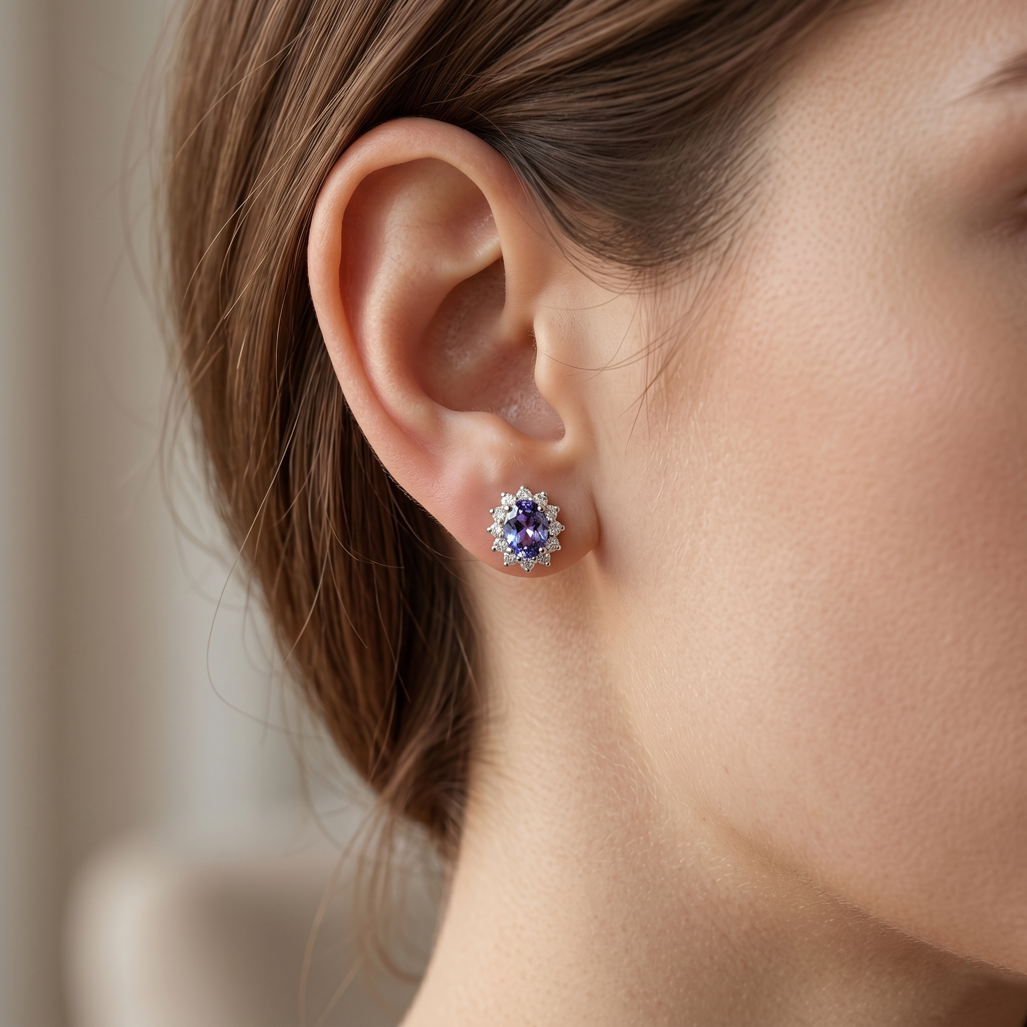 14K White Gold Tanzanite Diamond Stud Earrings, Natural Tanzanite Earrings, Diamond Halo Earrings, Fine Jewelry, Blue Gemstone Earrings