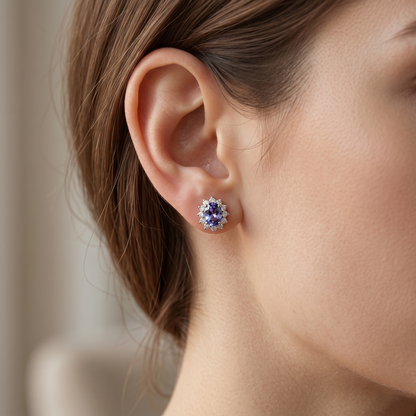 14K White Gold Tanzanite Diamond Stud Earrings, Natural Tanzanite Earrings, Diamond Halo Earrings, Fine Jewelry, Blue Gemstone Earrings