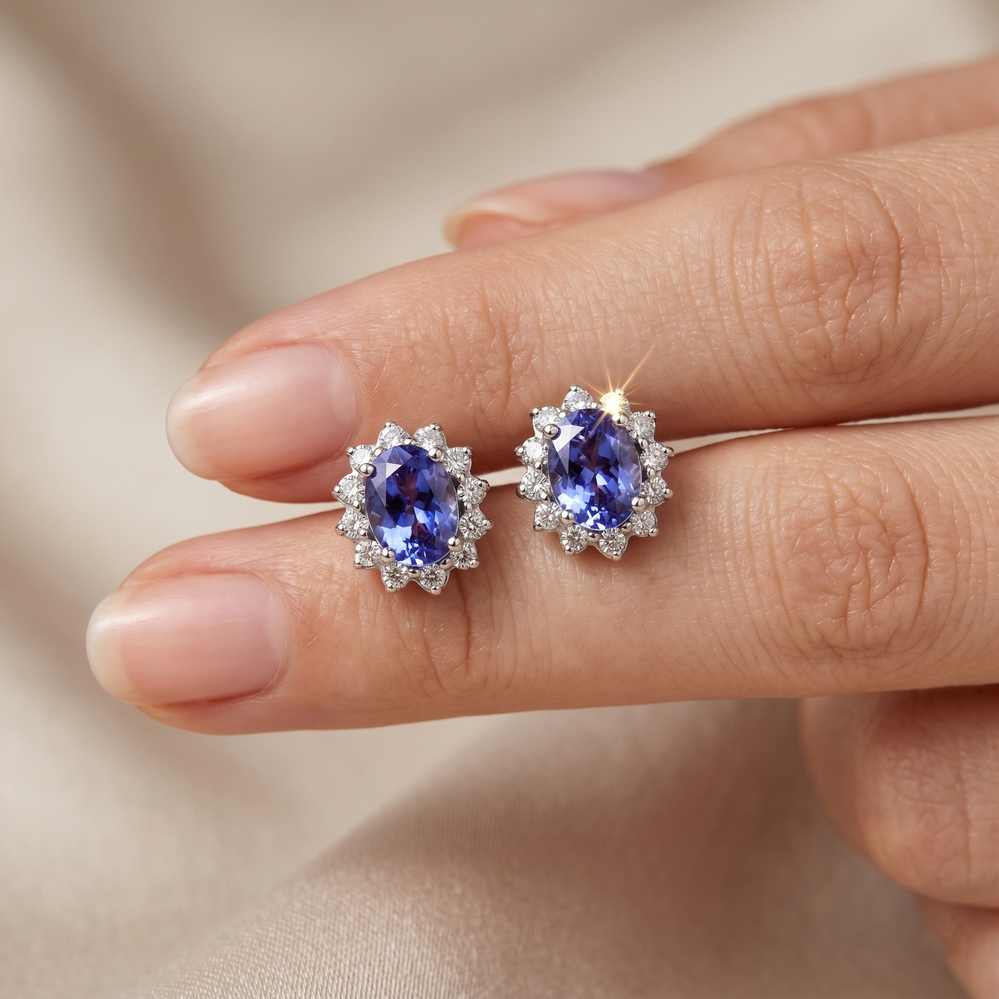 14K White Gold Tanzanite Diamond Stud Earrings, Natural Tanzanite Earrings, Diamond Halo Earrings, Fine Jewelry, Blue Gemstone Earrings