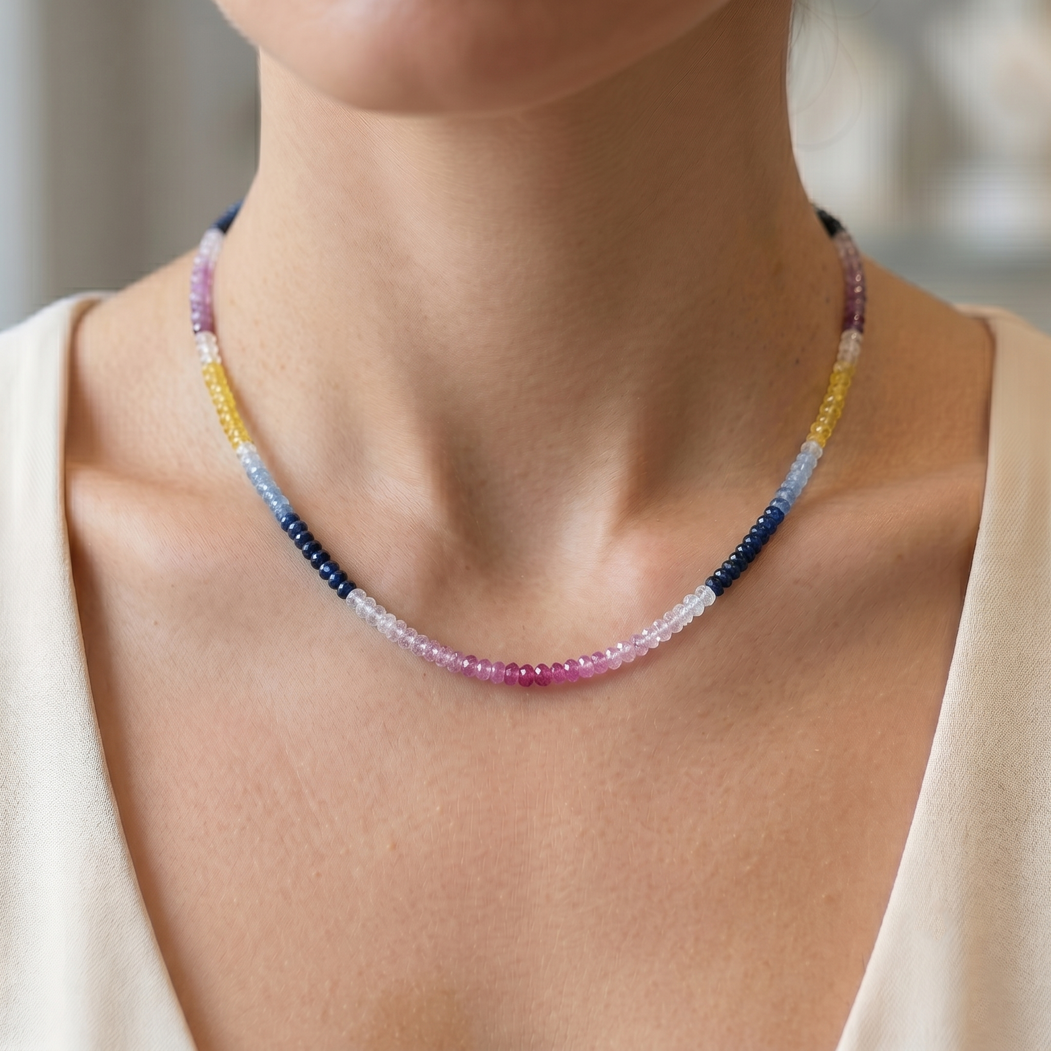 Natural Rainbow Sapphire & Ruby Necklace, 925 Sterling Silver Gemstone Choker, Multi Color Sapphire Necklace