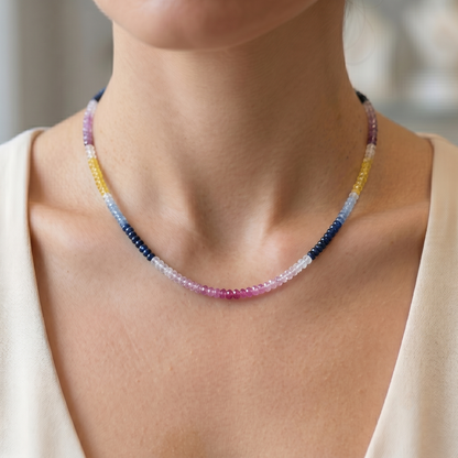Natural Rainbow Sapphire & Ruby Necklace, 925 Sterling Silver Gemstone Choker, Multi Color Sapphire Necklace