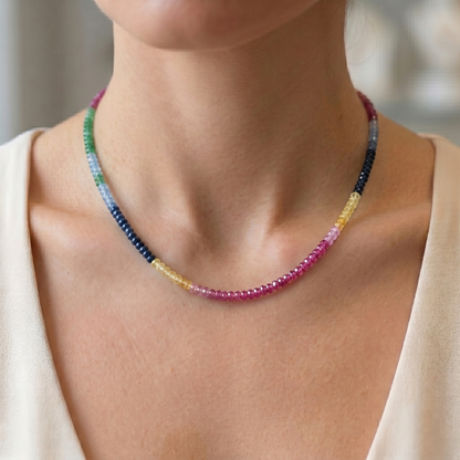 Natural Sapphire Ruby Emerald Necklace 16 Inch, 925 Sterling Silver Rainbow Gemstone Choker, Multi Color Gemstone Necklace, Gift for Her