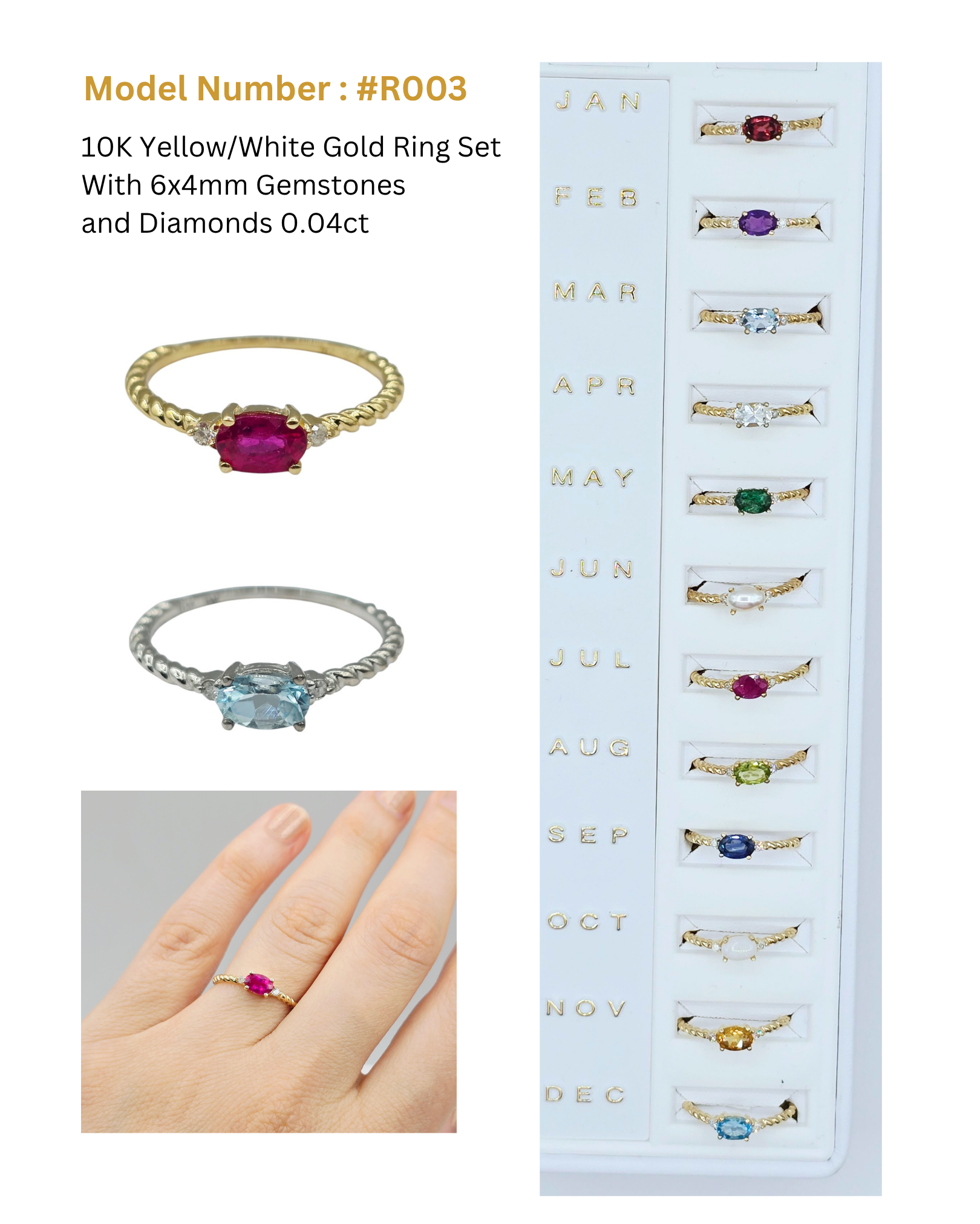 10K Yellow or White Gold Ring, Genuine 6x4mm Oval Gemstone and Diamond Accent, Dainty Birthstone Ring, Minimalist Fine Jewellery