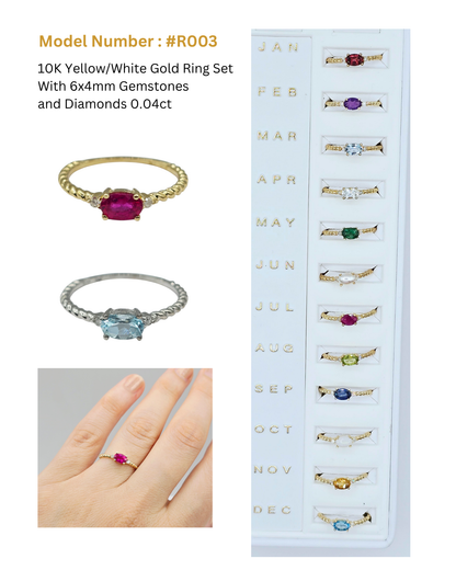 10K Yellow or White Gold Ring, Genuine 6x4mm Oval Gemstone and Diamond Accent, Dainty Birthstone Ring, Minimalist Fine Jewellery