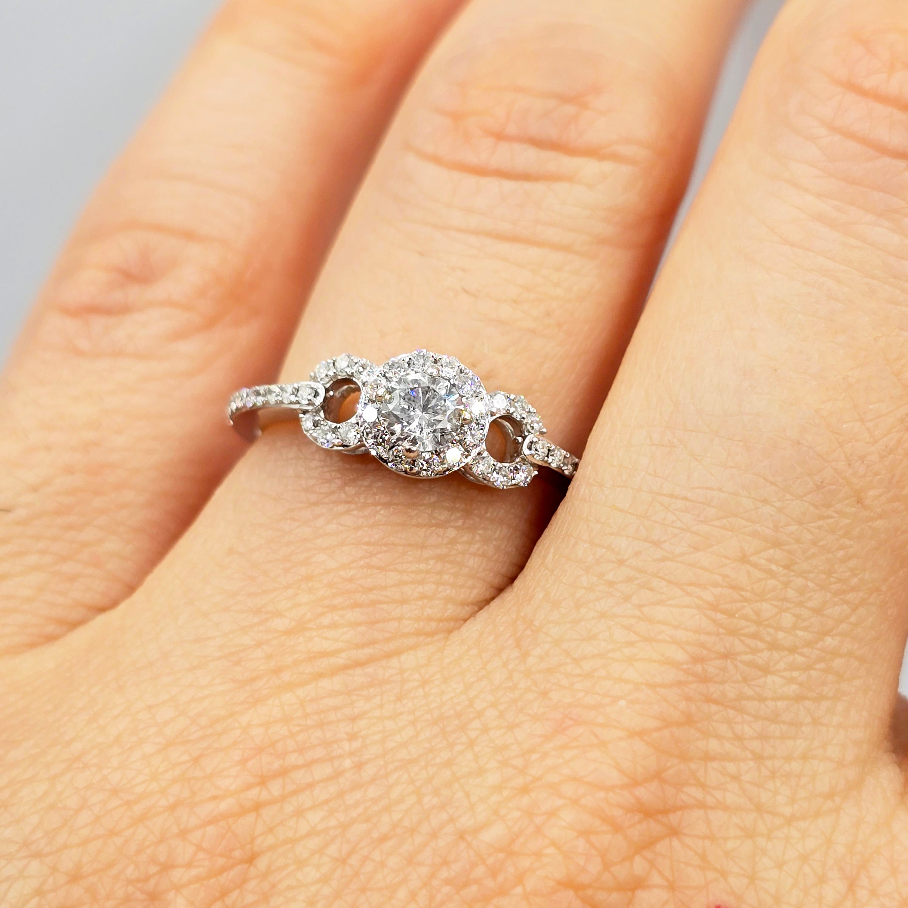 14K White Gold Diamond Engagement Ring, Natural Diamond Ring, Halo Promise Ring, Round Diamond Bridal Ring, Solid Gold Gift for Her