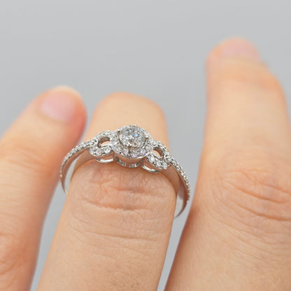 14K White Gold Diamond Engagement Ring, Natural Diamond Ring, Halo Promise Ring, Round Diamond Bridal Ring, Solid Gold Gift for Her