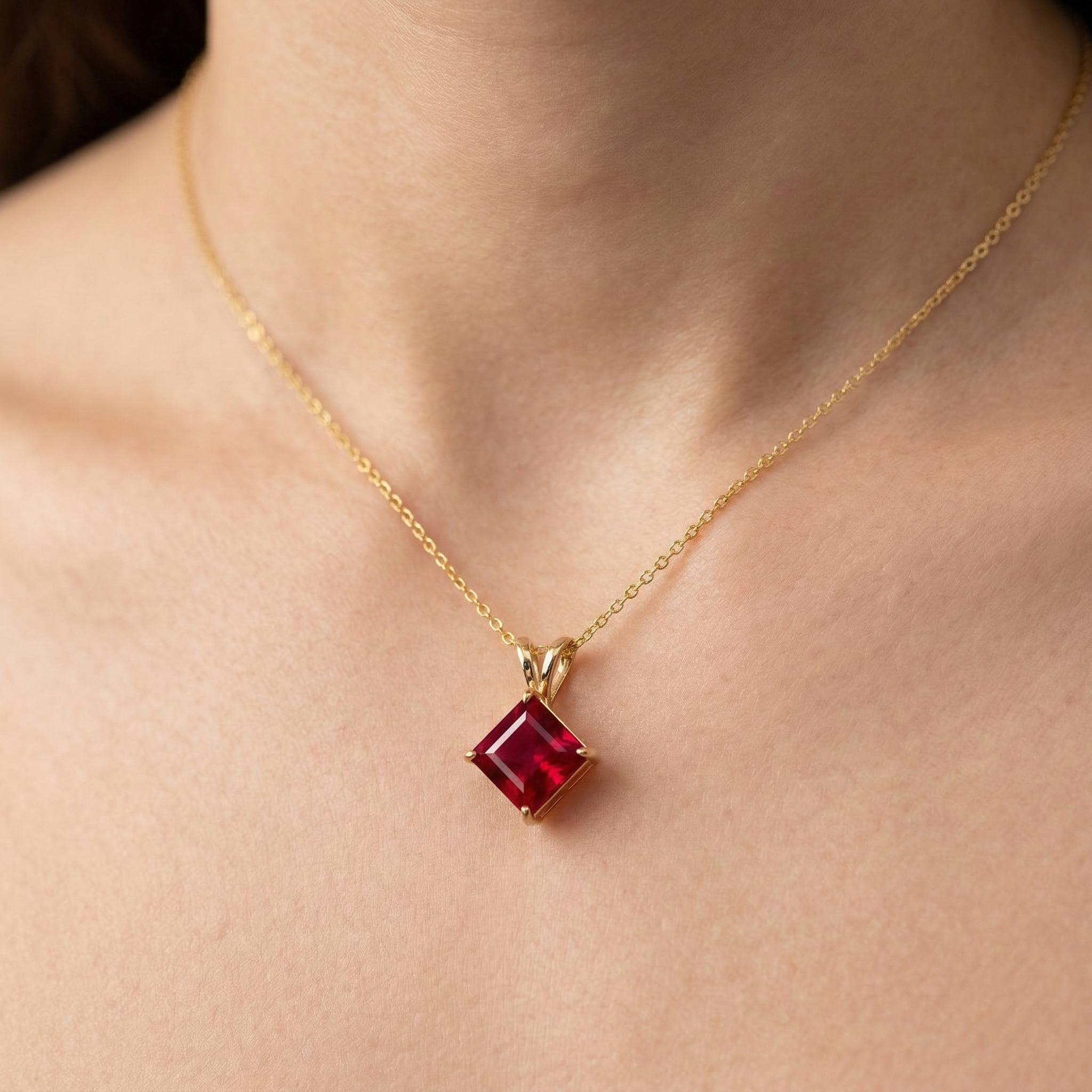 10K Gold Ruby Pendant Necklace, Handmade July Birthstone Jewelry 6x6mm