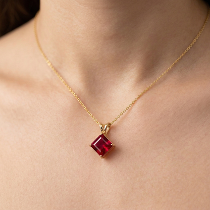 10K Gold Ruby Pendant Necklace, Handmade July Birthstone Jewelry 6x6mm