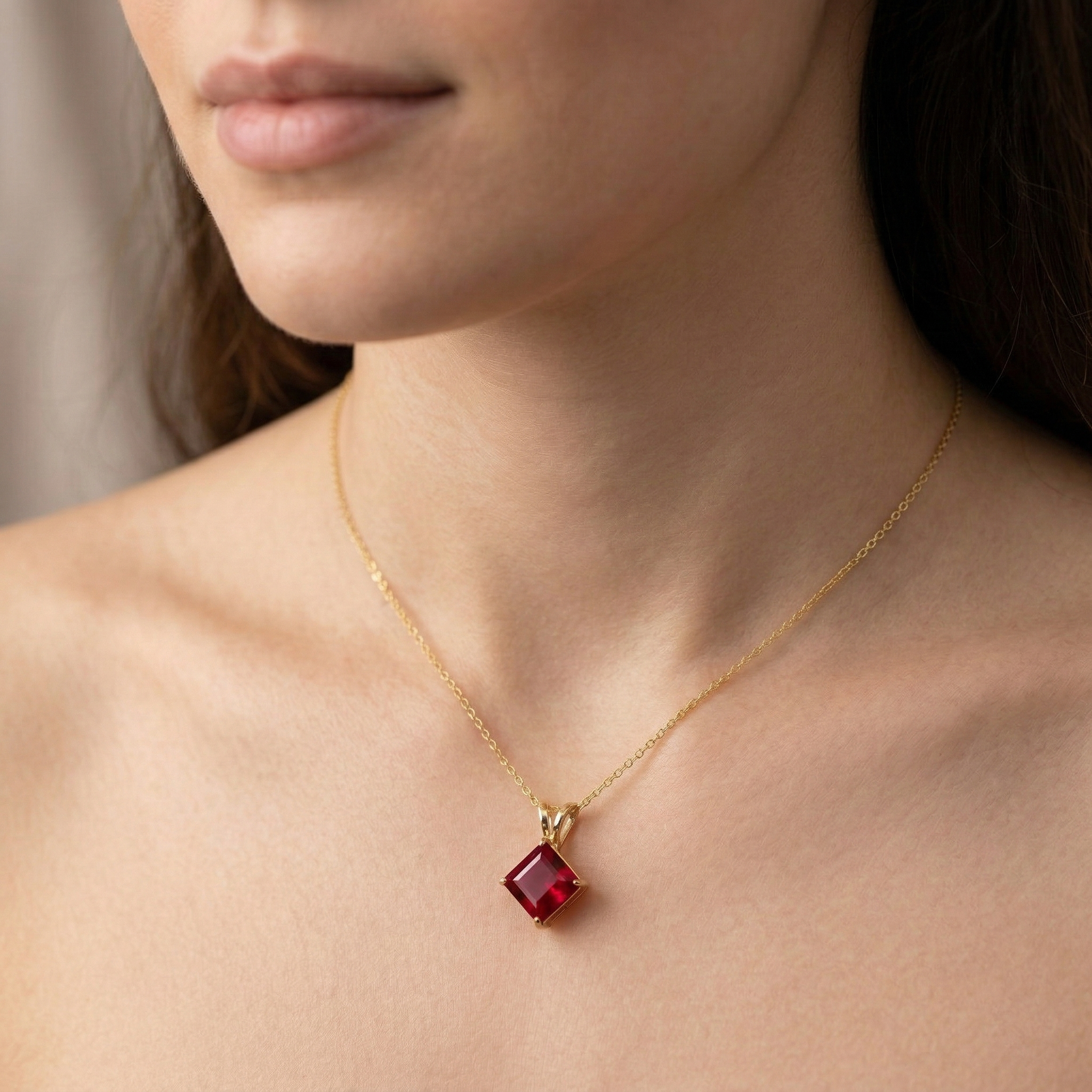 10K Gold Ruby Pendant Necklace, Handmade July Birthstone Jewelry 6x6mm