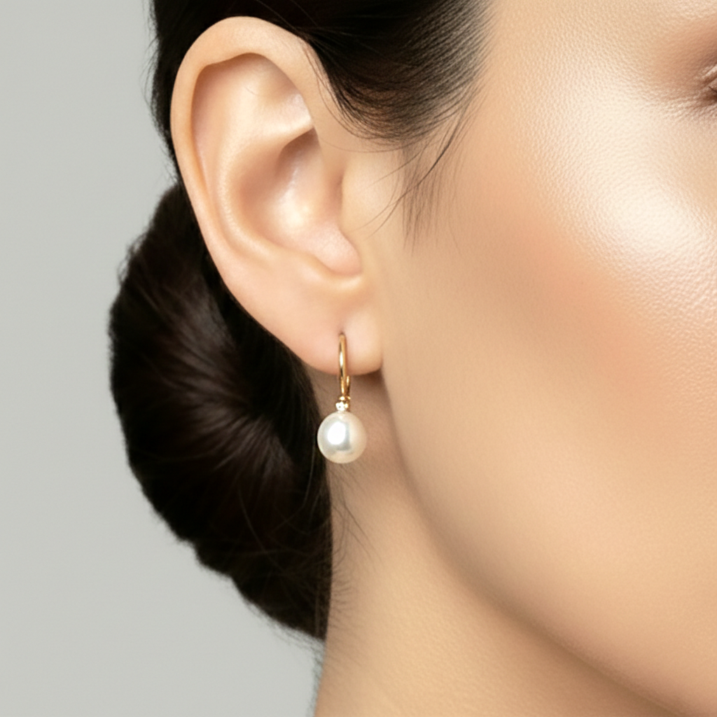14K Yellow Gold Lever back Pearl Earrings with Diamond Accent, Genuine Pearl Drop Earrings, Elegant Fine Jewelry Gift for Her