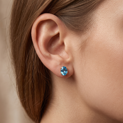 10K Yellow Gold Blue Topaz 9x7mm Stud Earrings, Genuine Blue Topaz Earrings, Birthstone Studs, Oval Gemstone Earrings, Gift for Her