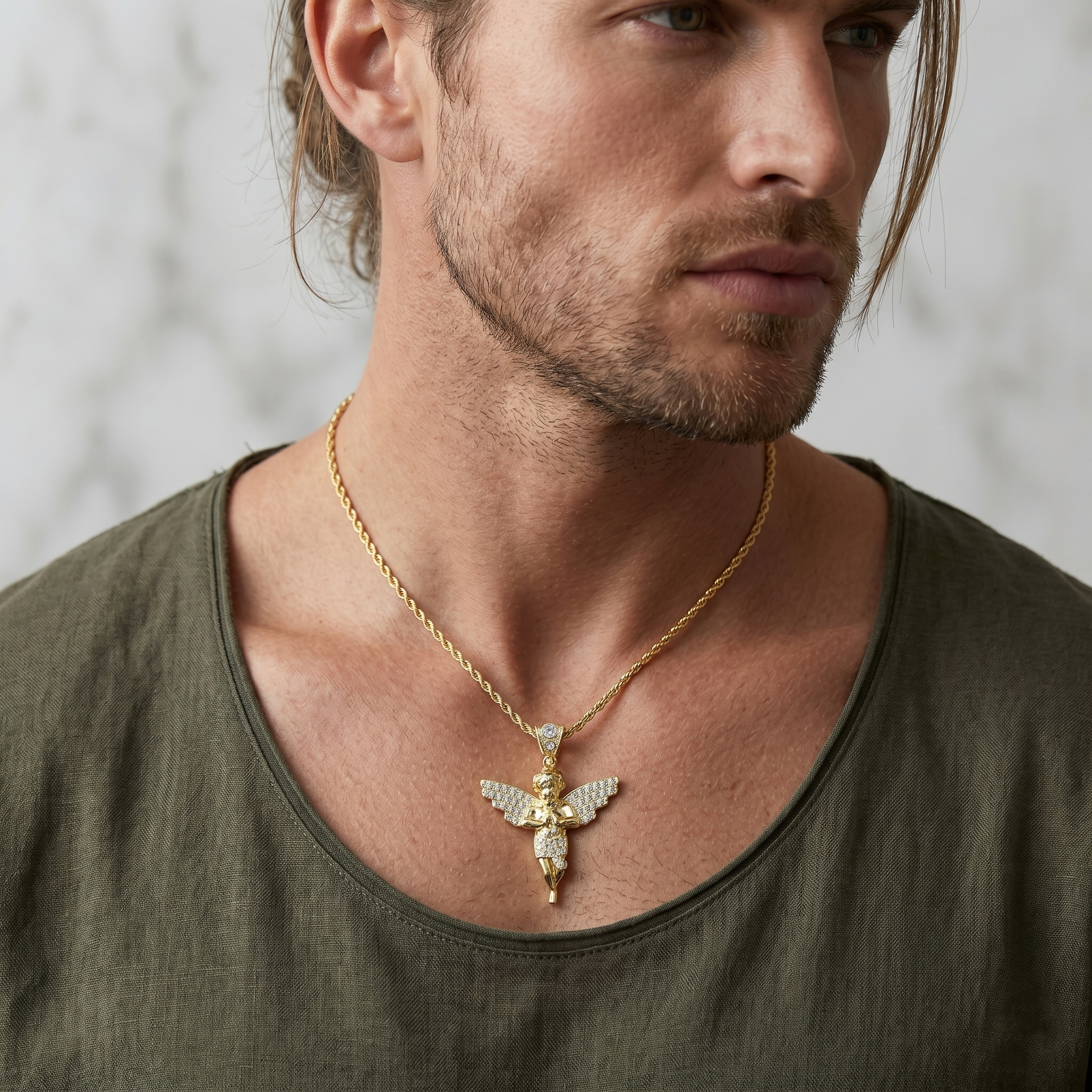 10K Yellow Gold Angel Pendant, CZ Angel Necklace, Guardian Angel Charm, Religious Gold Pendant, Cherub Pendant, Faith Jewelry Gift