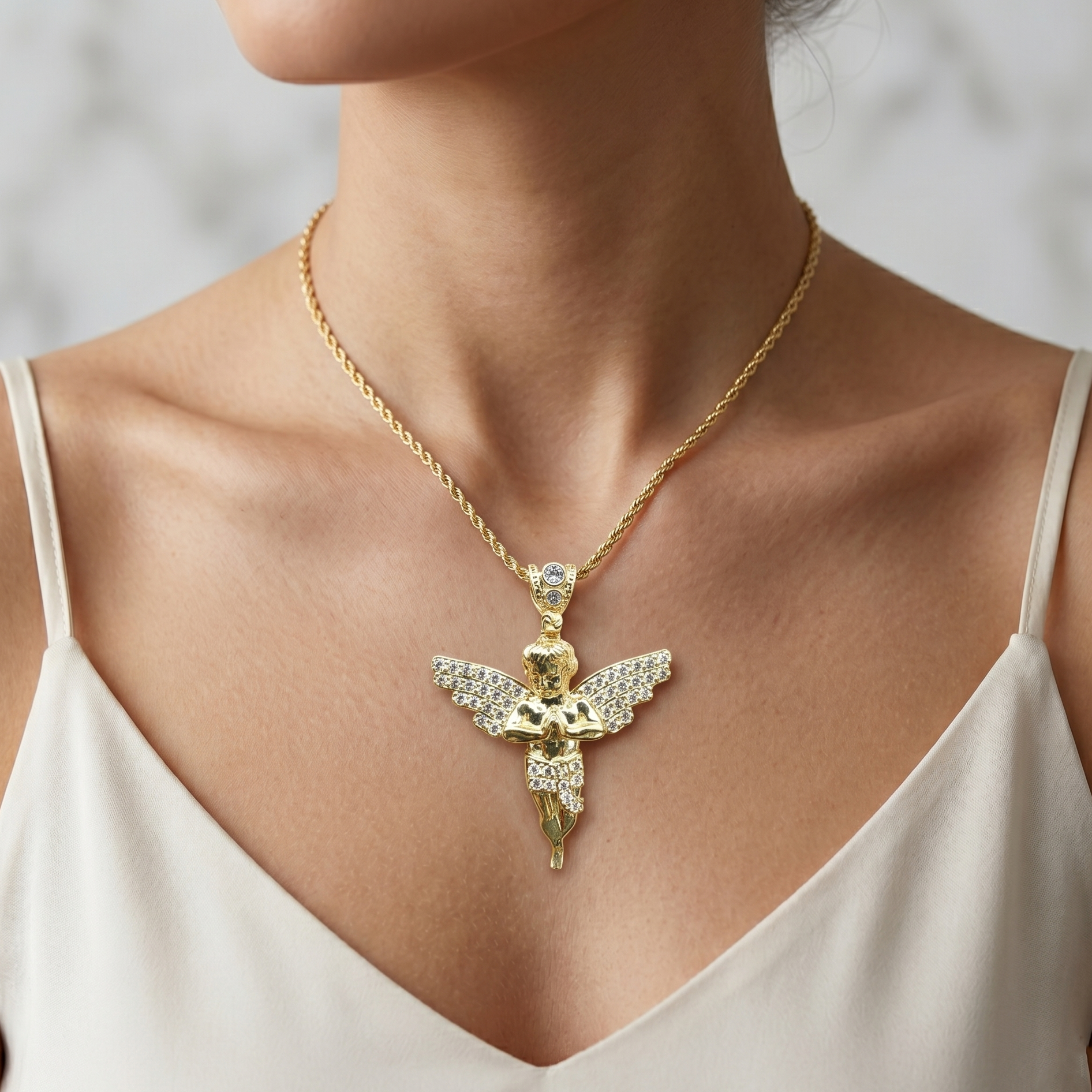 10K Yellow Gold Angel Pendant, CZ Angel Necklace, Guardian Angel Charm, Religious Gold Pendant, Cherub Pendant, Faith Jewelry Gift