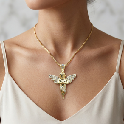 10K Yellow Gold Angel Pendant, CZ Angel Necklace, Guardian Angel Charm, Religious Gold Pendant, Cherub Pendant, Faith Jewelry Gift