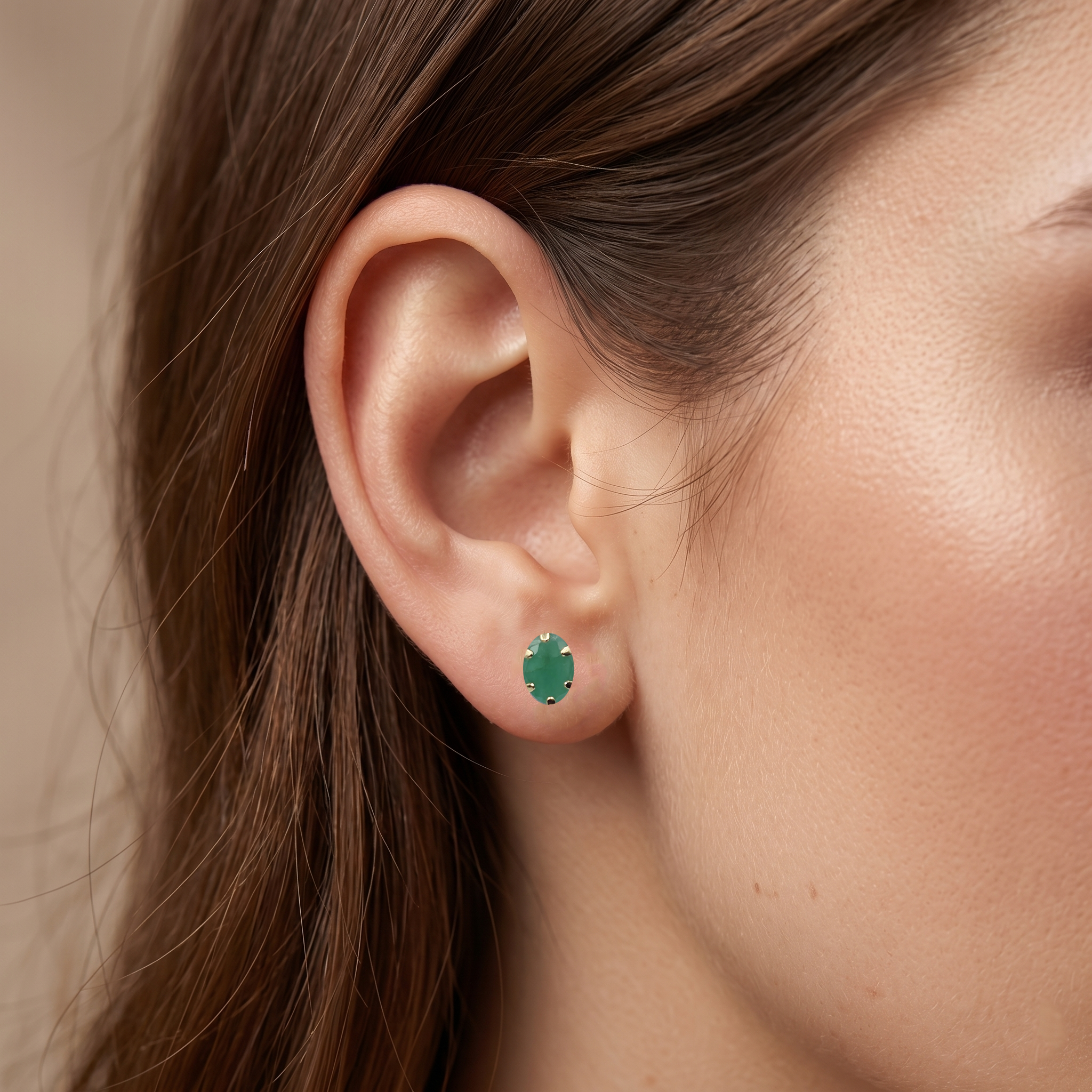 10K Yellow Gold Natural Emerald 7x5mm Stud Earrings
