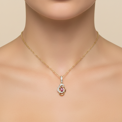10K Yellow Gold Ruby Necklace: Diamond Halo Pendant