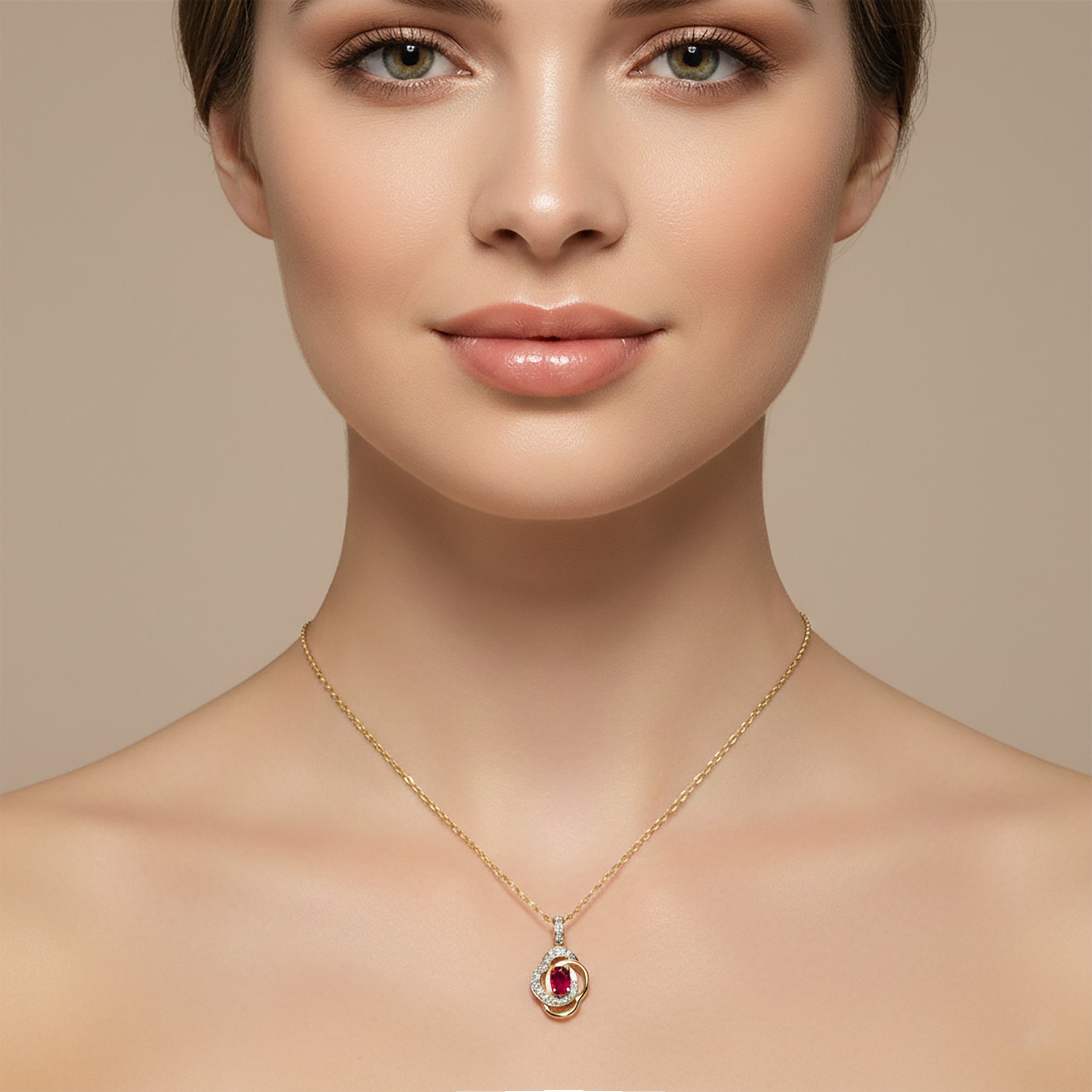 10K Yellow Gold Ruby Necklace: Diamond Halo Pendant