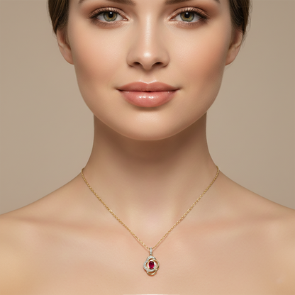 10K Yellow Gold Ruby Necklace: Diamond Halo Pendant