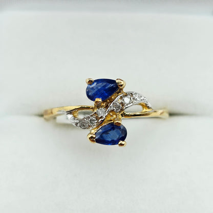 10K Yellow Gold Natural Blue Sapphire Ring, 0.50ct Sapphire & Diamond Ring, September Birthstone, Two Stone Ring, Gift for Her