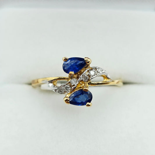 10K Yellow Gold Natural Blue Sapphire Ring, 0.50ct Sapphire & Diamond Ring, September Birthstone, Two Stone Ring, Gift for Her