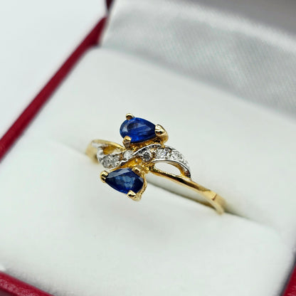 10K Yellow Gold Natural Blue Sapphire Ring, 0.50ct Sapphire & Diamond Ring, September Birthstone, Two Stone Ring, Gift for Her