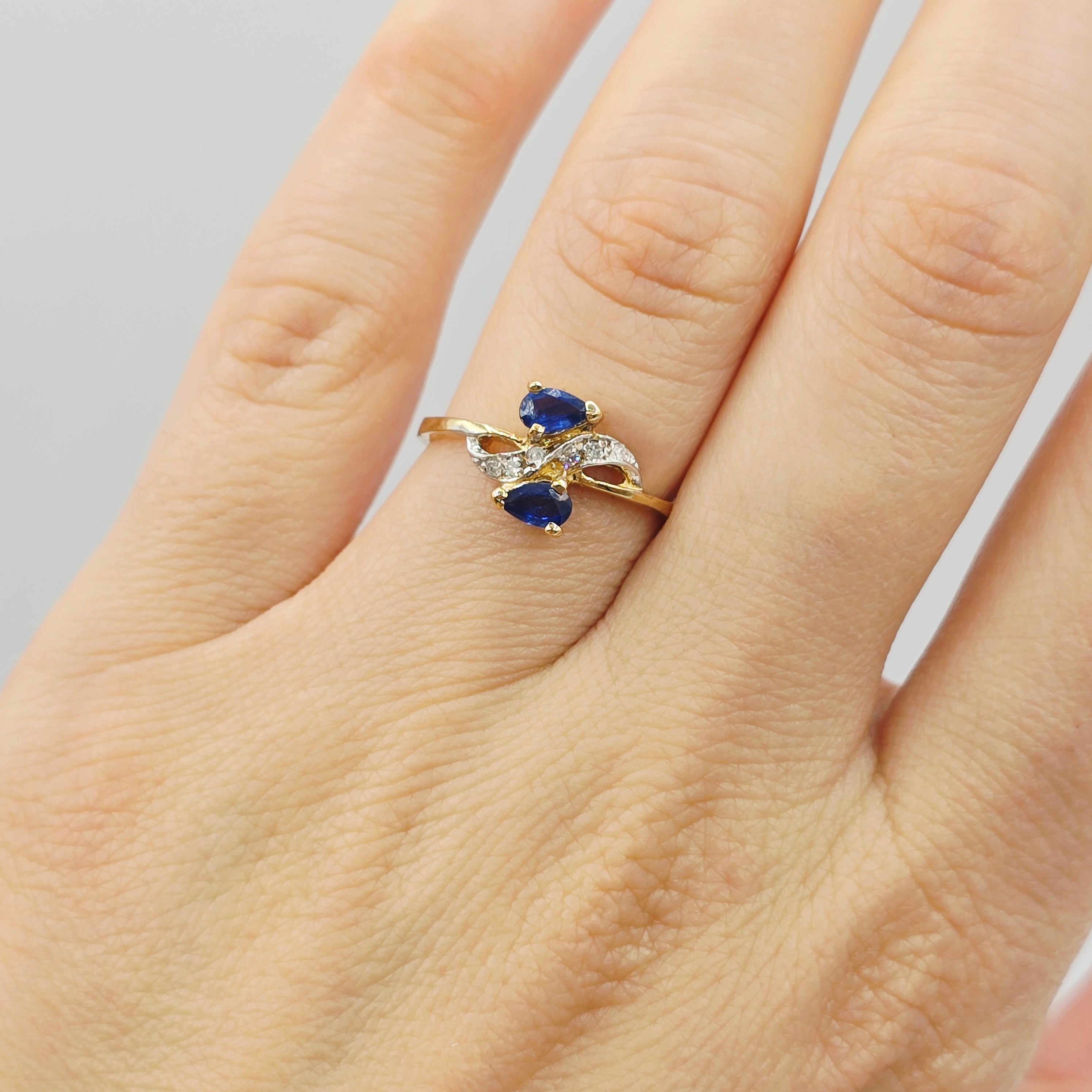 10K Yellow Gold Natural Blue Sapphire Ring, 0.50ct Sapphire & Diamond Ring, September Birthstone, Two Stone Ring, Gift for Her