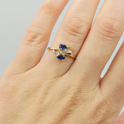 10K Yellow Gold Natural Blue Sapphire Ring, 0.50ct Sapphire & Diamond Ring, September Birthstone, Two Stone Ring, Gift for Her