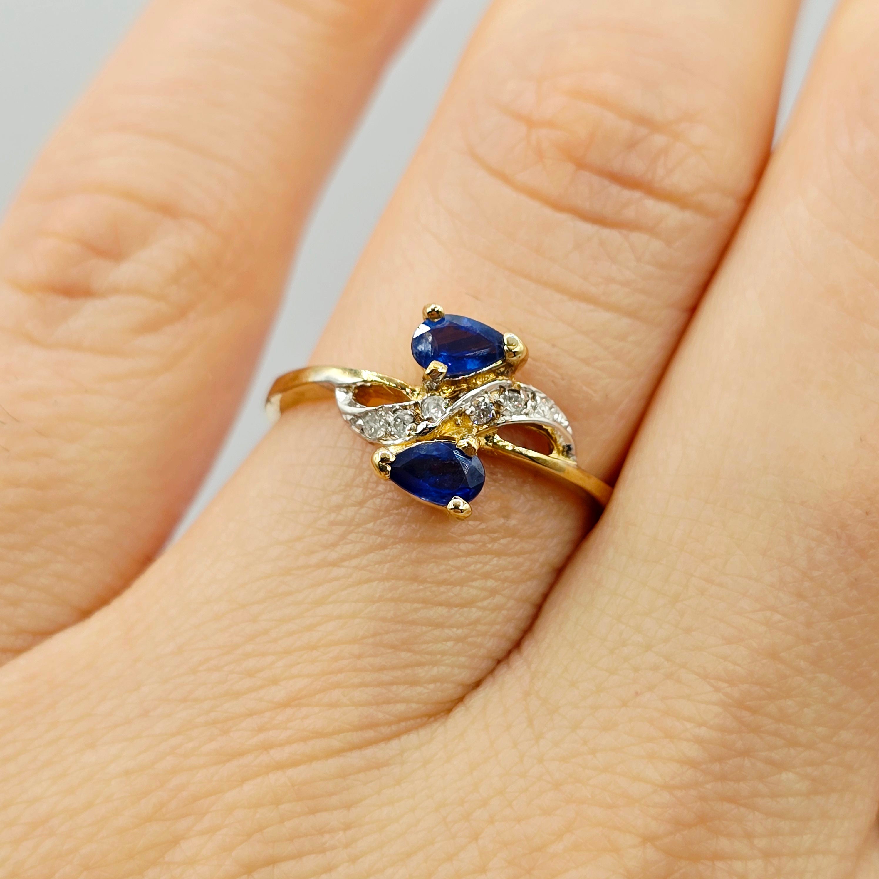 10K Yellow Gold Natural Blue Sapphire Ring, 0.50ct Sapphire & Diamond Ring, September Birthstone, Two Stone Ring, Gift for Her