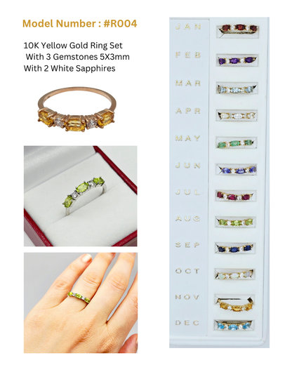 10K Gold Ring, 3 Genuine 5x3mm Oval Gemstones Ring, Dainty Gold Band, Birthstone Ring Gift for Her, Minimalist Fine Women Jewellery