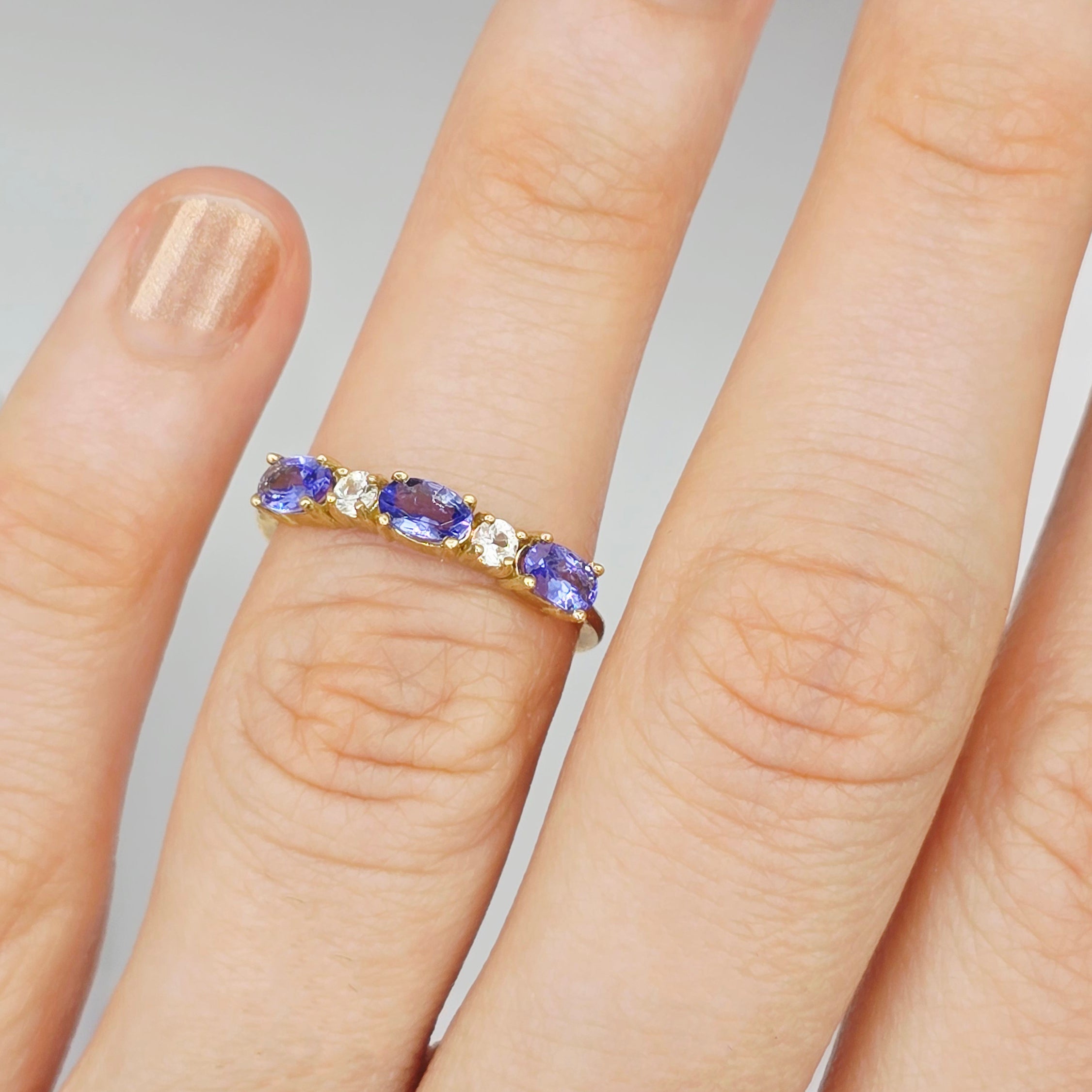 10K Gold Ring, 3 Genuine 5x3mm Oval Gemstones Ring, Dainty Gold Band, Birthstone Ring Gift for Her, Minimalist Fine Women Jewellery