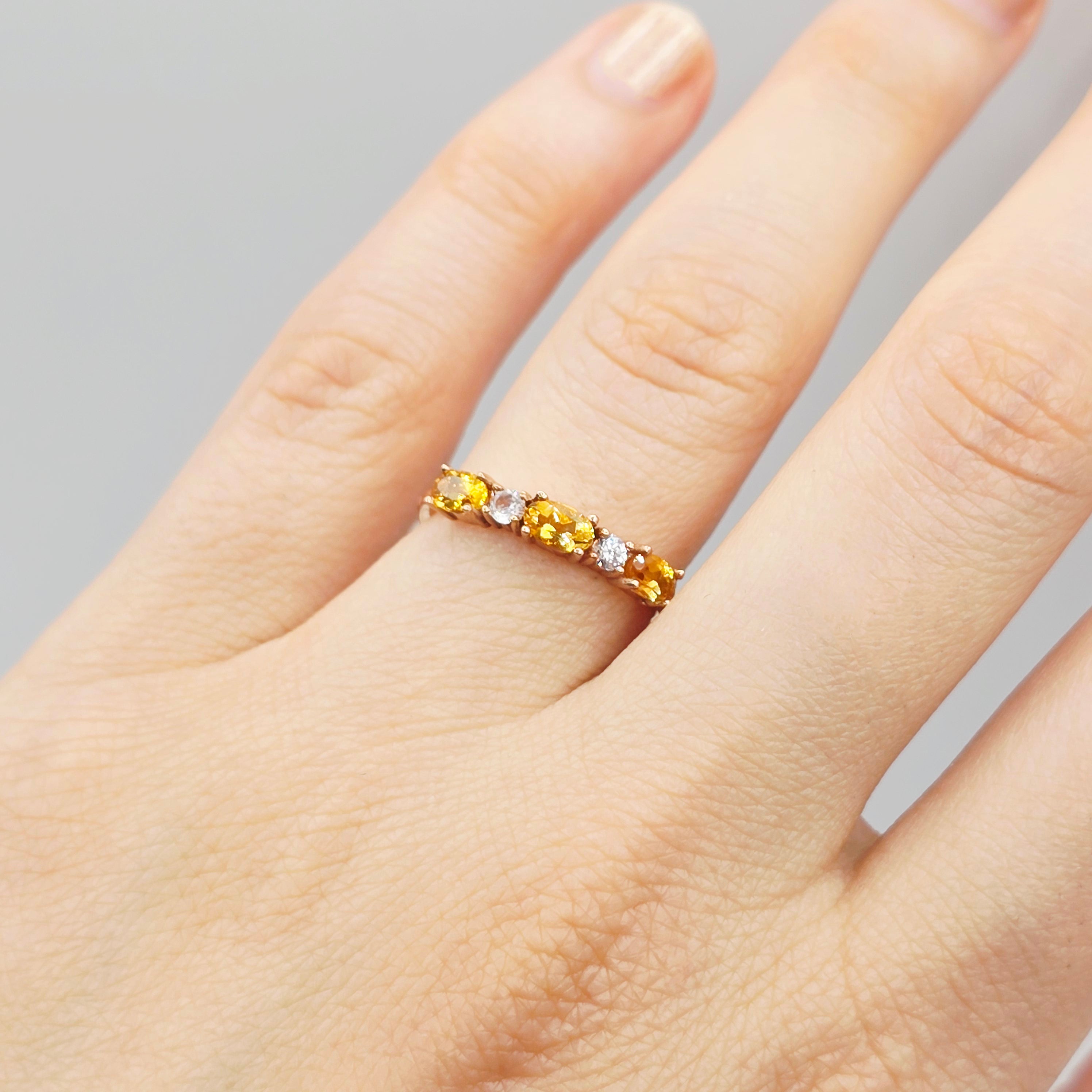 10K Gold Ring, 3 Genuine 5x3mm Oval Gemstones Ring, Dainty Gold Band, Birthstone Ring Gift for Her, Minimalist Fine Women Jewellery