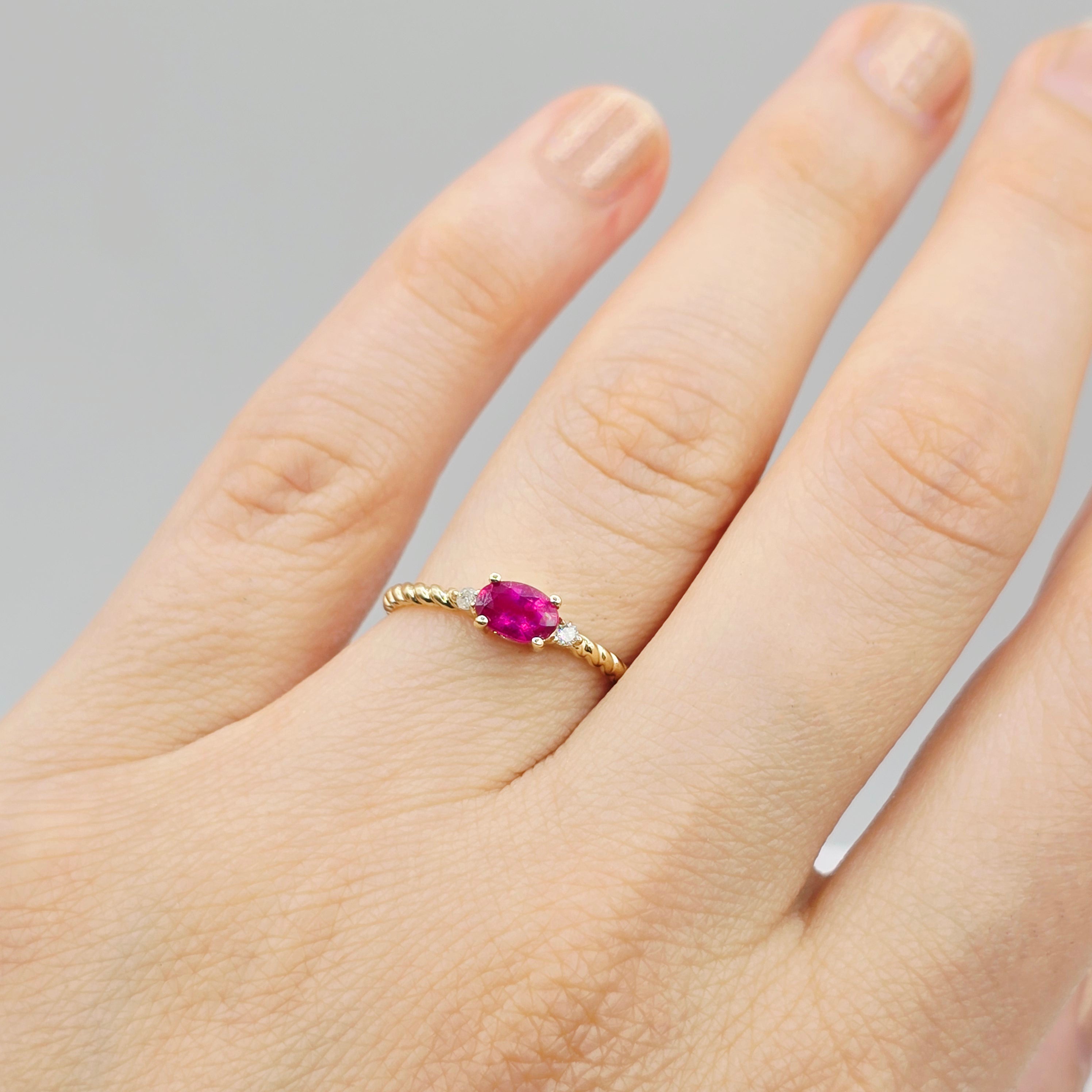 10K Yellow or White Gold Ring, Genuine 6x4mm Oval Gemstone and Diamond Accent, Dainty Birthstone Ring, Minimalist Fine Jewellery
