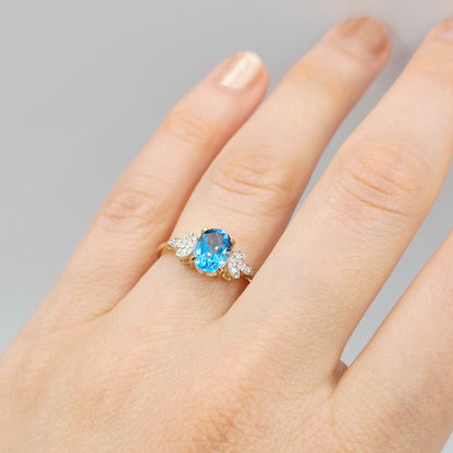 Gold Natural Gemstone Ring , 10K Solid Gold Genuine Gemstone 8x6mm Ring with Diamonds, Birthstone Ring, Rings Jewelry, Gift For Her