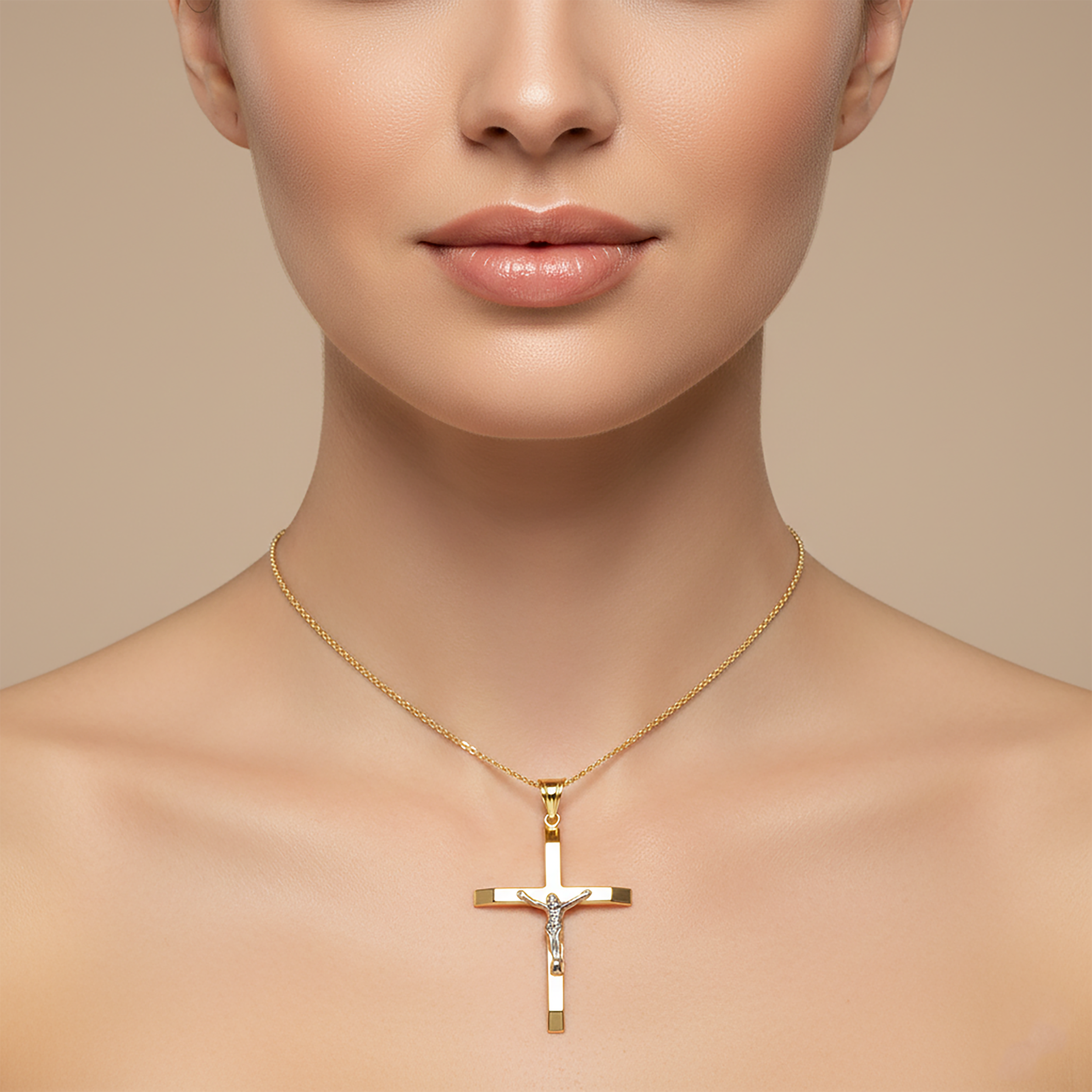 10k Yellow Gold Jesus Cross Pendant Necklace, Large Mens Jewelry