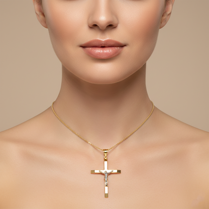 10k Yellow Gold Jesus Cross Pendant Necklace, Large Mens Jewelry