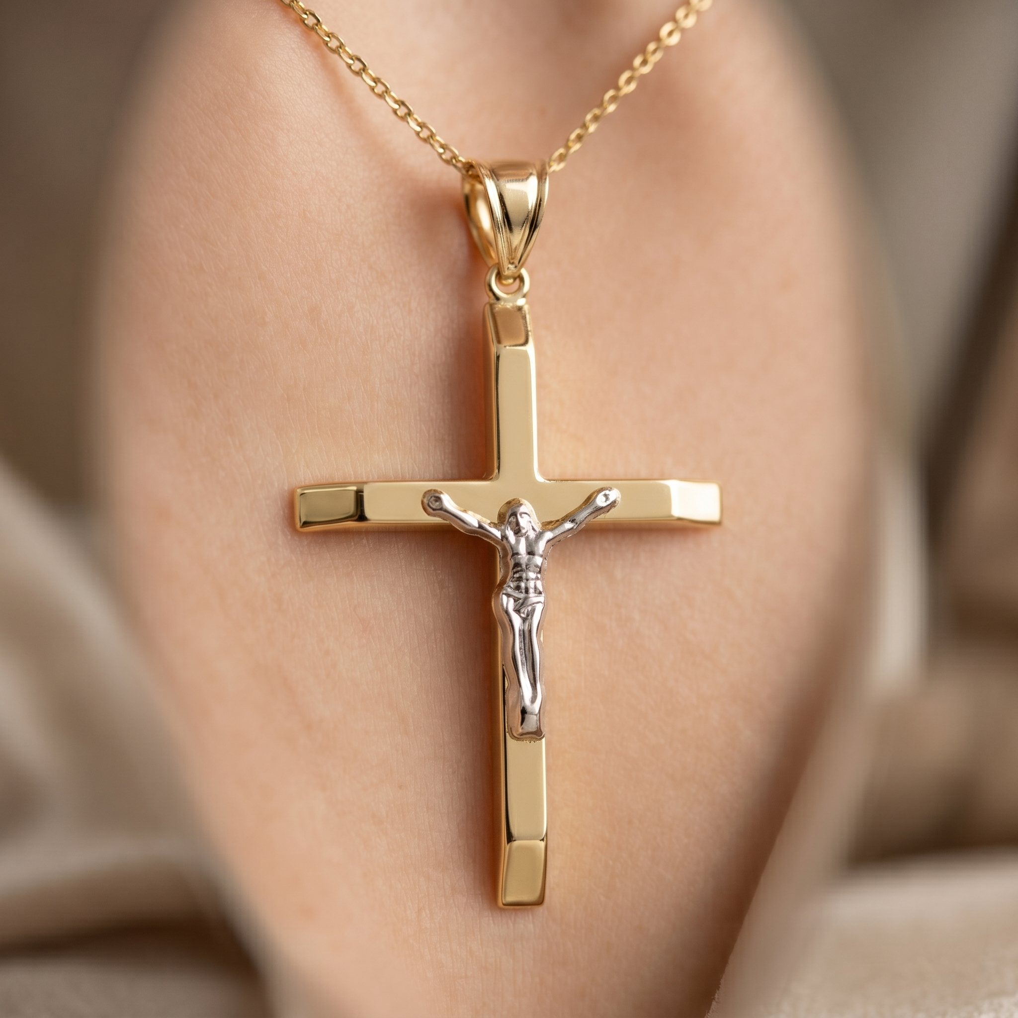 10k Yellow Gold Jesus Cross Pendant Necklace, Large Mens Jewelry