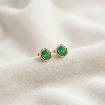 14K Yellow Gold Natural Emerald Stud Earrings, Green Emerald 5mm Bezel Set, Minimalist Gold Earrings, May Birthstone Jewelry, Gift for Her