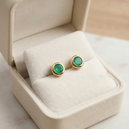 14K Yellow Gold Natural Emerald Stud Earrings, Green Emerald 5mm Bezel Set, Minimalist Gold Earrings, May Birthstone Jewelry, Gift for Her