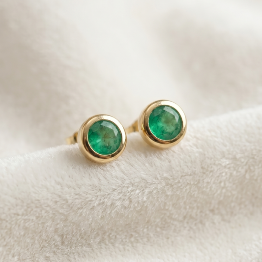 14K Yellow Gold Natural Emerald Stud Earrings, Green Emerald 5mm Bezel Set, Minimalist Gold Earrings, May Birthstone Jewelry, Gift for Her