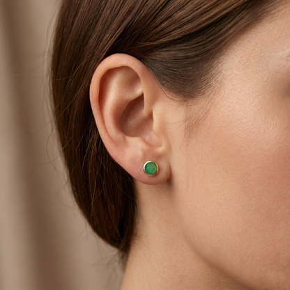 14K Yellow Gold Natural Emerald Stud Earrings, Green Emerald 5mm Bezel Set, Minimalist Gold Earrings, May Birthstone Jewelry, Gift for Her