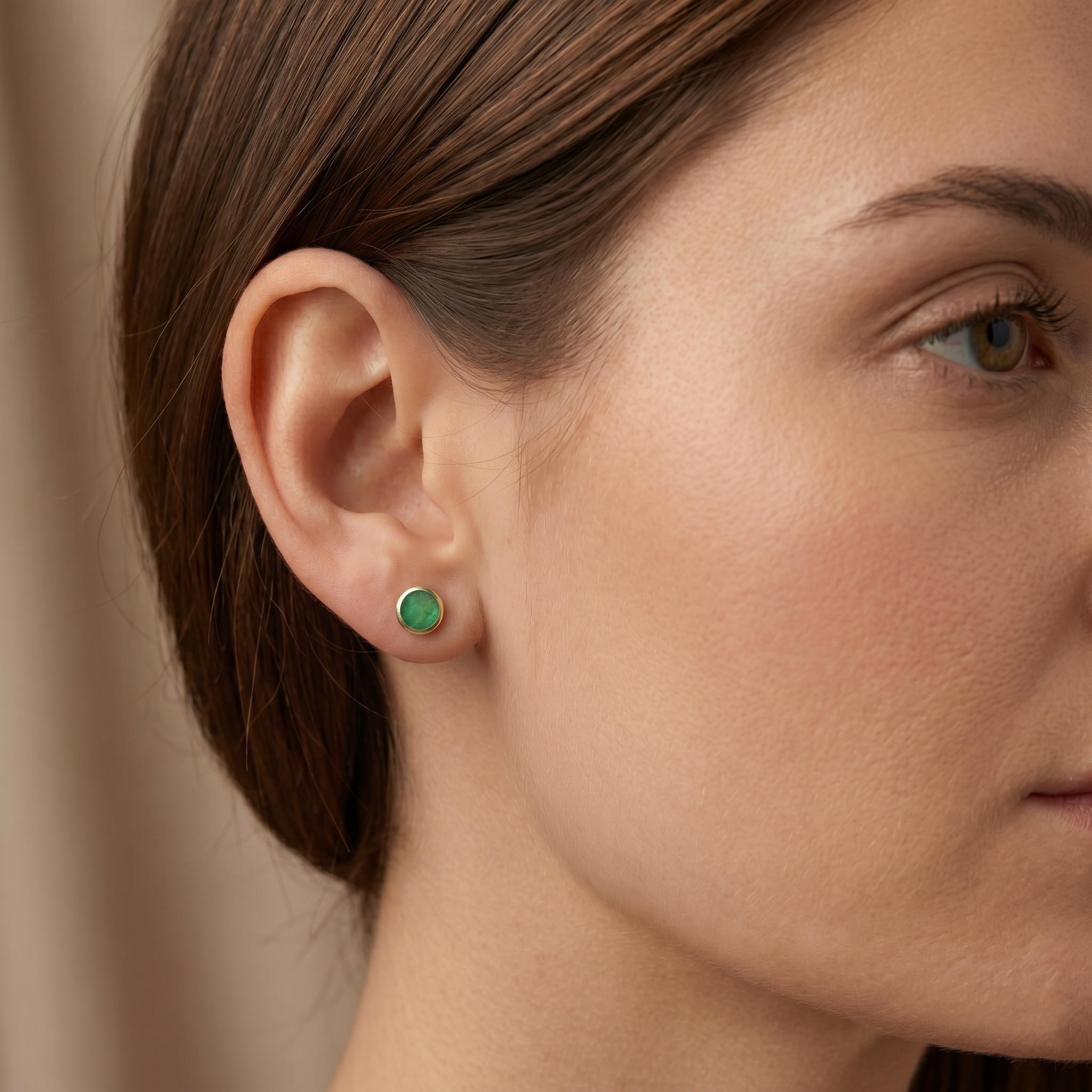 14K Yellow Gold Natural Emerald Stud Earrings, Green Emerald 5mm Bezel Set, Minimalist Gold Earrings, May Birthstone Jewelry, Gift for Her