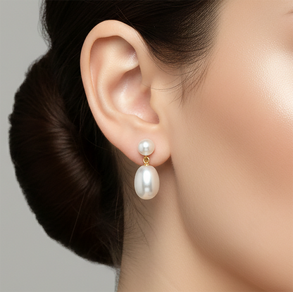 Gold Freshwater Pearl Drop Earrings, 14K Yellow Gold Studs, Bridesmaid Gift