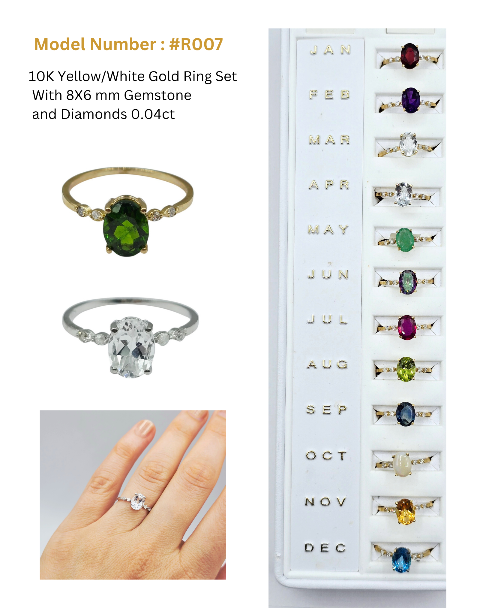 10K Gold Genuine Gemstone 8x6mm Ring with Diamonds, Oval Gemstone Promise Ring, Handmade Birthstone Ring for Her, Minimalist Fine Jewellery