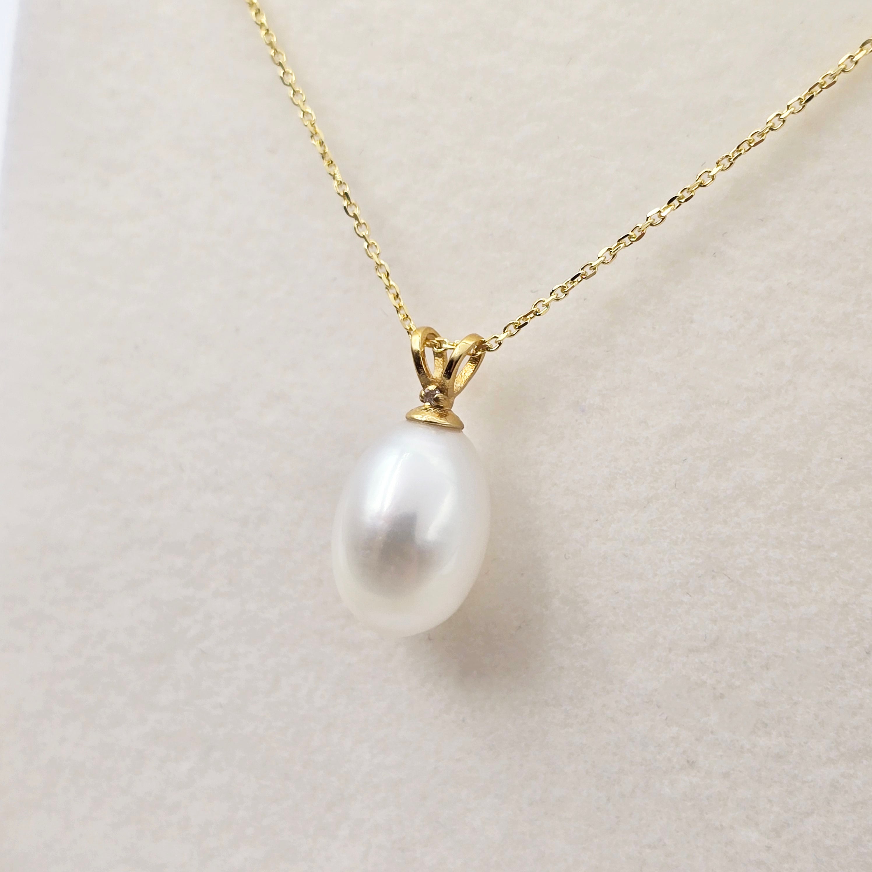 14K Yellow Gold Pearl Pendant Necklace, Diamond Accent, June Birthstone